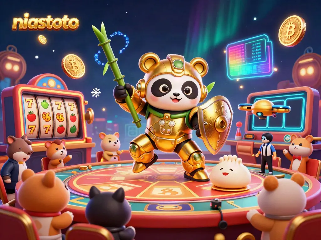 Menghadiri pertarungan kasino yang mengasyikkan dengan niastoto dan panda emas yang mengemudikan robot, dikelilingi simbol permainan.