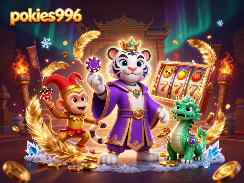 Engage with thrilling pokies996 gameplay featuring a playful scene with a white tiger, jester monkey, and lively gambling elements.