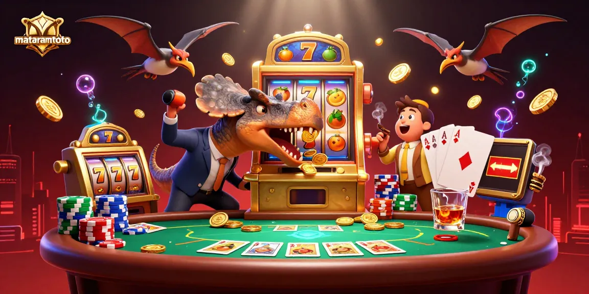Mataramtoto menguak jackpot dengan dinosaurus kartun dalam kasino yang ramai dan penuh kegembiraan.
