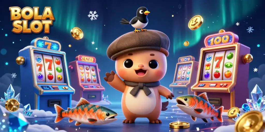 BOLA SLOT showcases an enchanting scene with cartoon Nessie and friends amid colorful slot machines, celebrating jackpots.