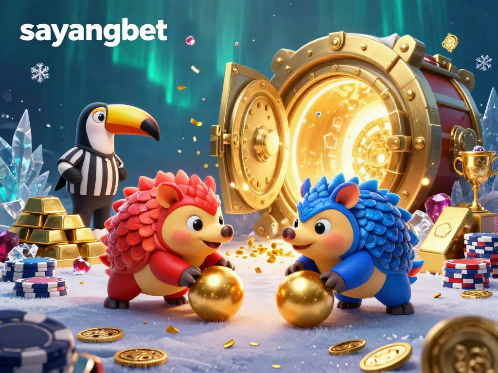 Engage with the exciting scene of rival pangolins in the sayangbet casino world, filled with golden treasures and gaming elements.