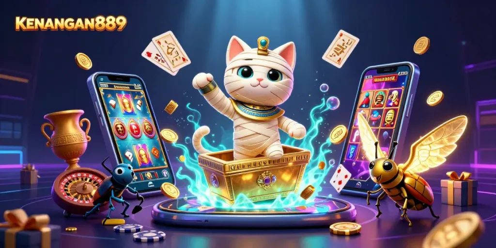 Play games and win at KENANGAN889 with the Egyptian mummy cat in a vibrant casino scene.