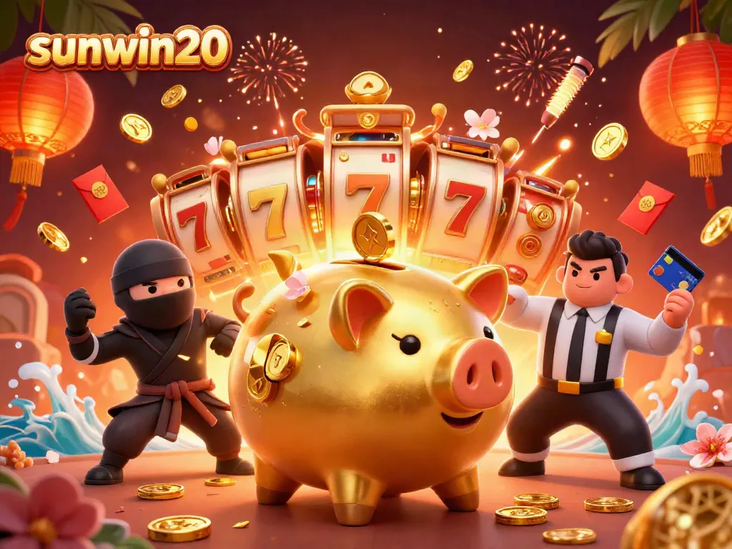 Engage in thrilling gameplay with sunwin20 where a golden piggy bank sumo wrestler interacts with colorful casino elements.