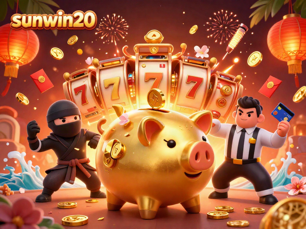 Engage in thrilling gameplay with sunwin20 where a golden piggy bank sumo wrestler interacts with colorful casino elements.