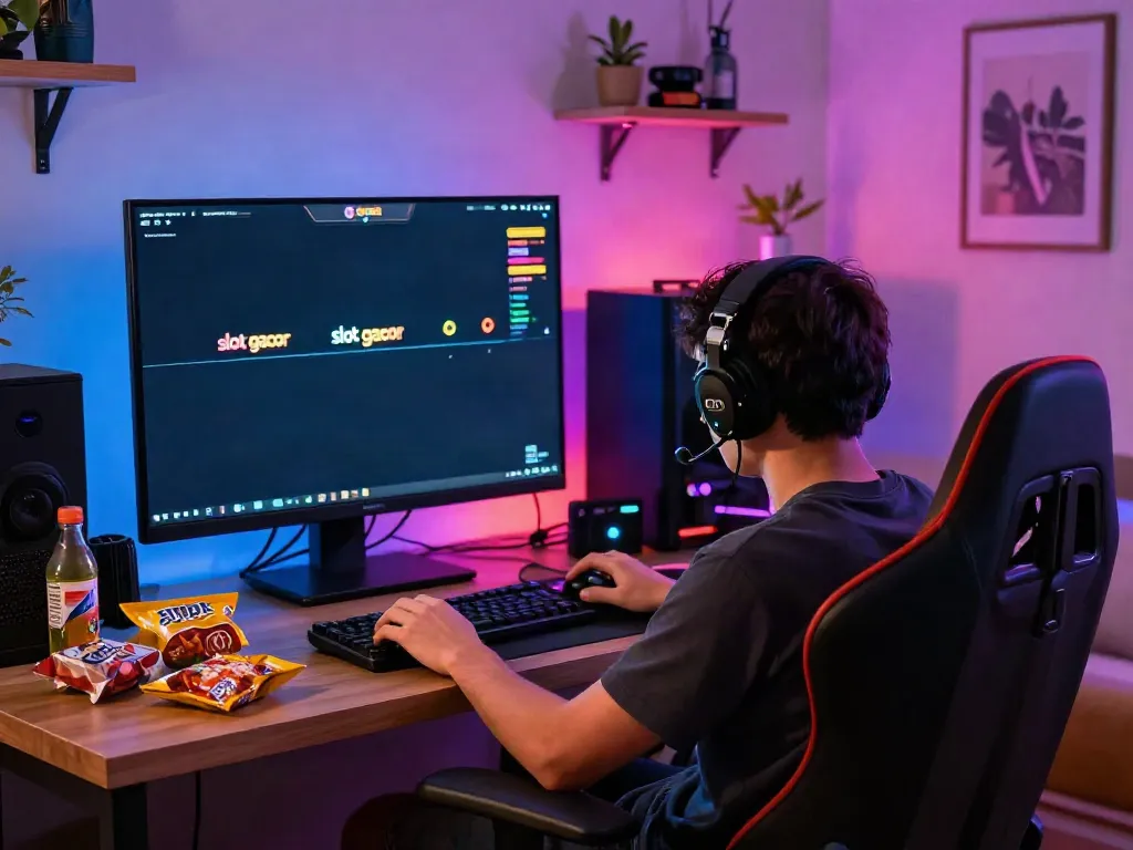 Exciting gaming setup focused on slot gacor gameplay with vibrant ambient lighting and engaging atmosphere.