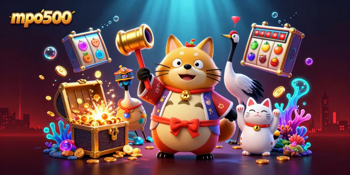 Karakter mpo500 menampilkan tanuki bahagia dan kucing keberuntungan di latar belakang kasino yang kaya detail.