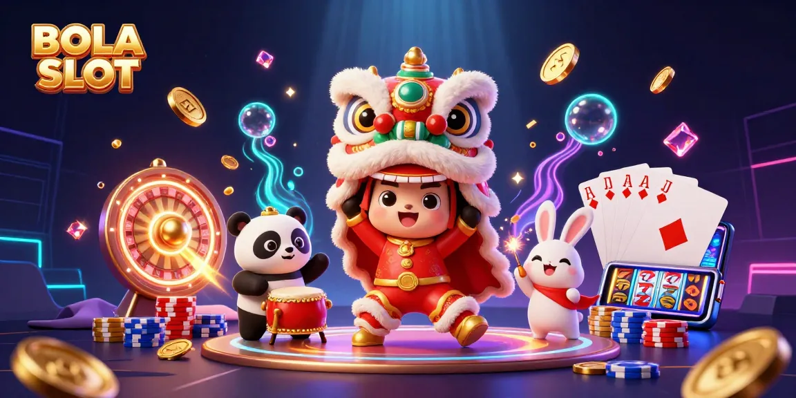 BOLA SLOT showcases a vibrant 3D scene of engaging characters in action, surrounded by casino elements and sparkling treasure.