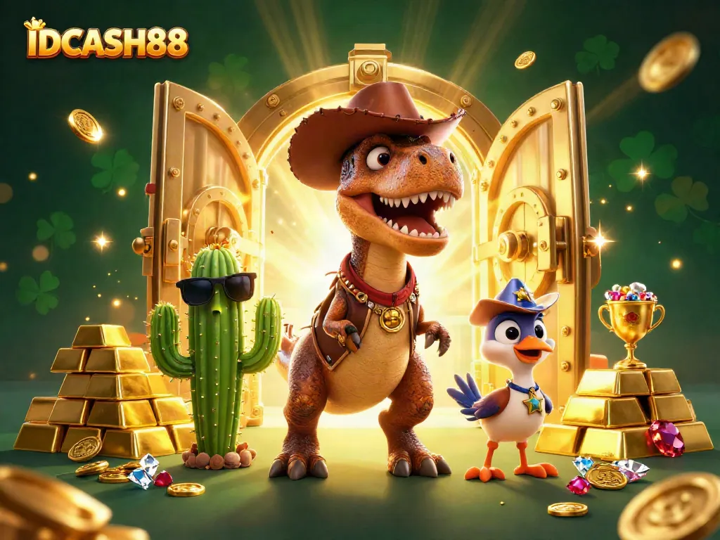 Win big with IDCASH88's modern online gaming experience featuring vibrant casino characters and treasures.