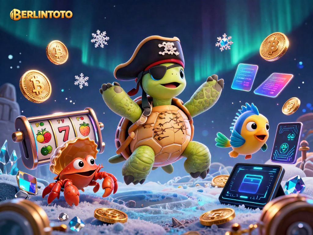 Win big at BERLINTOTO with a vibrant scene of pirate turtle, hermit crab, and aquatic life amidst slot symbols and crypto coins