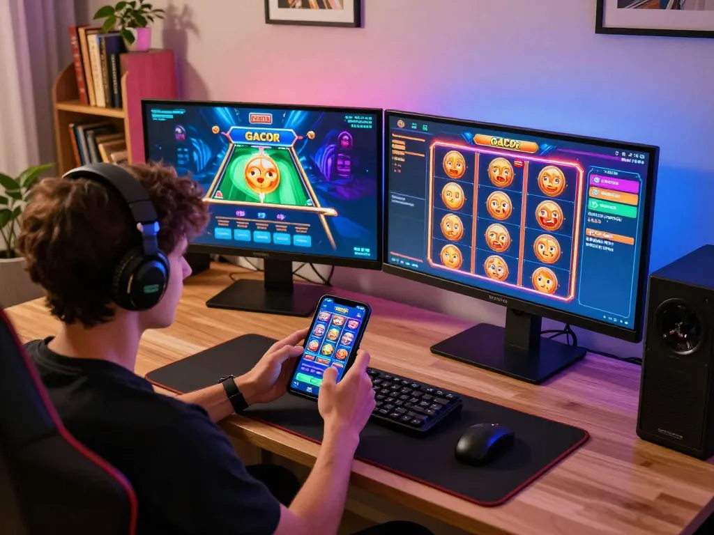 Engaged user spinning slot gacor on mobile app, showcasing vibrant online gaming setup
