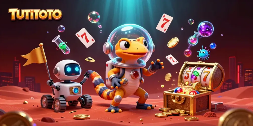 TUTITOTO showcases a Martian gecko discovering an exciting golden casino amidst vibrant gaming elements.