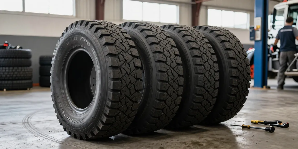 Double Coin RR99 commercial truck tires showcased in workshop setting, highlighting quality and performance.