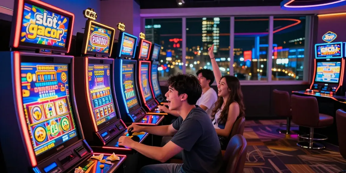 Exciting slot gacor gaming scene in a lively lounge with players celebrating wins.