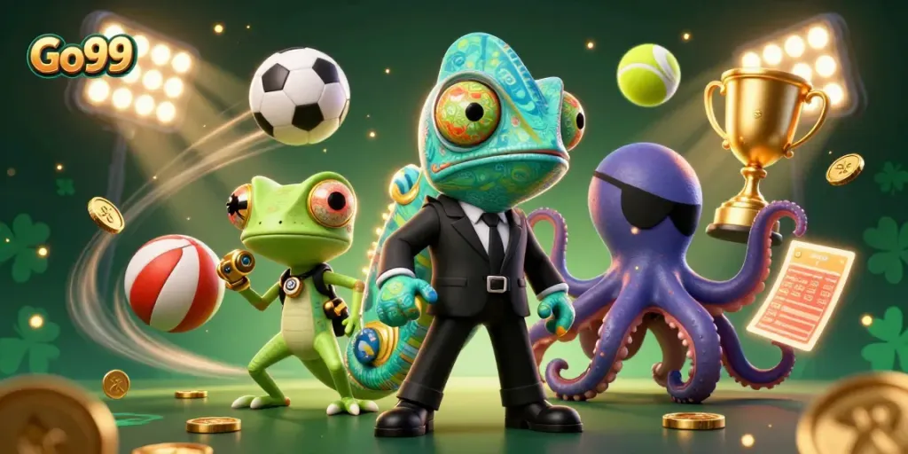 Engage with Go99 in this vibrant 3D casino illustration showcasing dynamic sports betting action with cartoon characters.