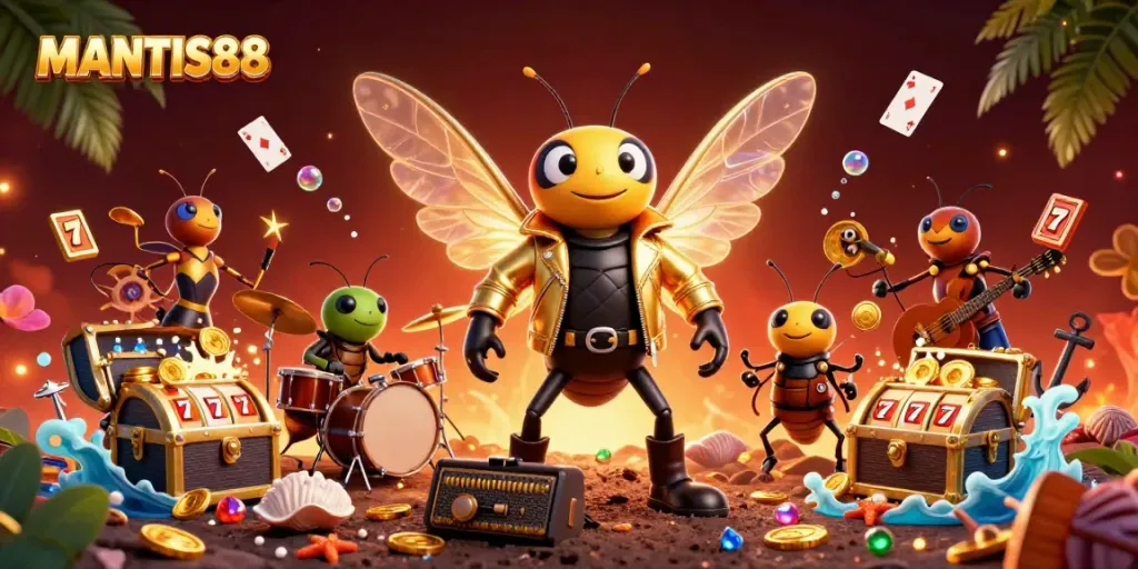 Experience MANTIS88 with a lively casino illustration of characters amidst treasures and game elements.