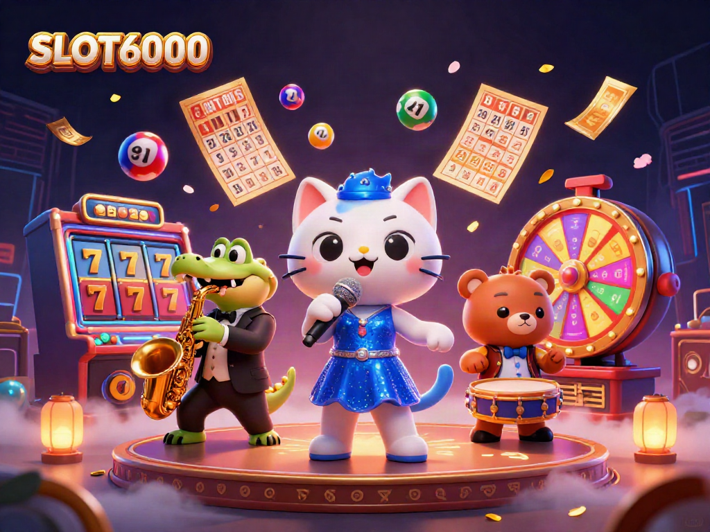 SLOT6000 showcases vibrant slot reels, colorful characters and vivid game elements in a dynamic casino scene