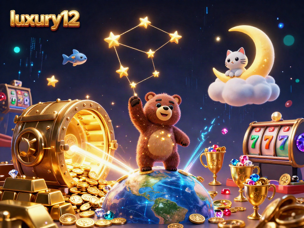 Experience the thrill of luxury12 as a constellation bear collects coins amidst vibrant casino treasures.