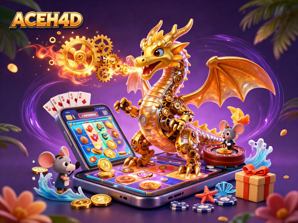 Experience thrilling wins at ACEH4D with dynamic slot games and golden surprises in a vibrant 3D casino scene.