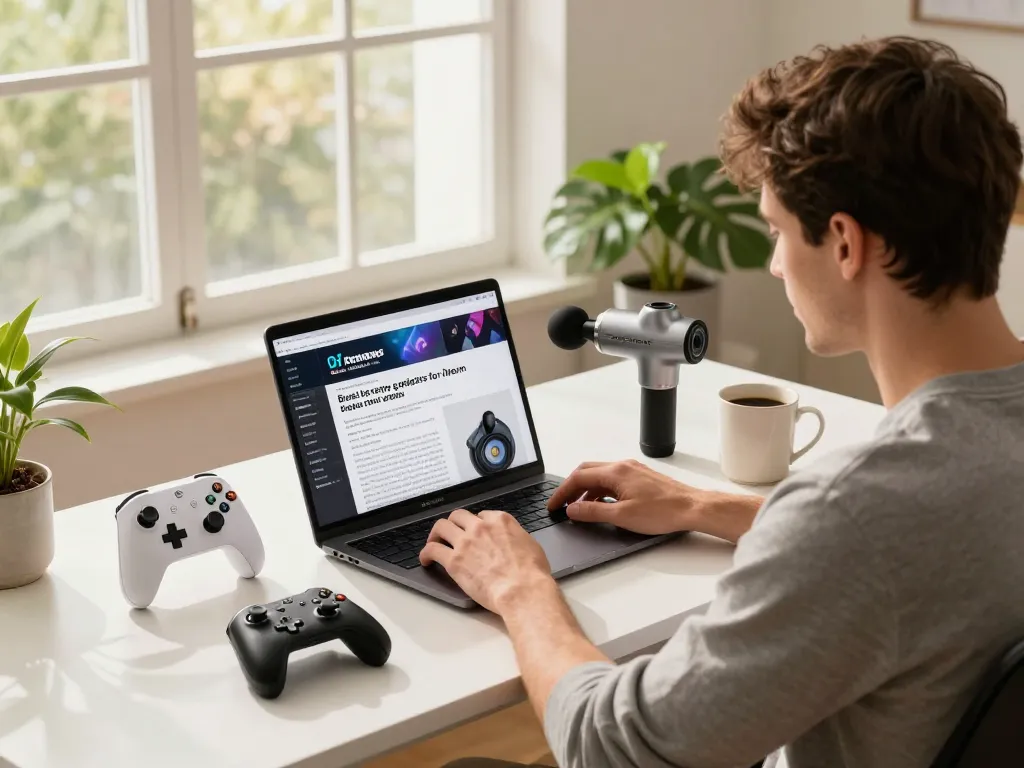 Explore the best tech gadgets for men in a vibrant workspace with a young man using cutting-edge devices like the 8BitDo controller and Fitbit Charge 6.