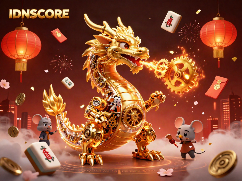 Experience IDNSCORE with a golden dragon amidst casino elements and festive decorations.