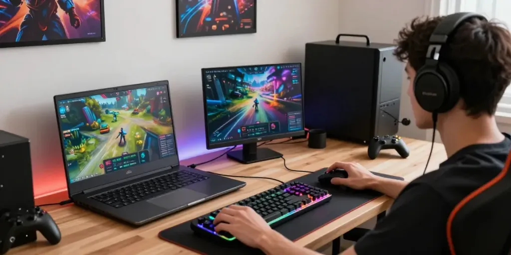 Pengguna TOTOWIN88 bermain game online di laptop modern dengan aksesori gaming yang menarik.