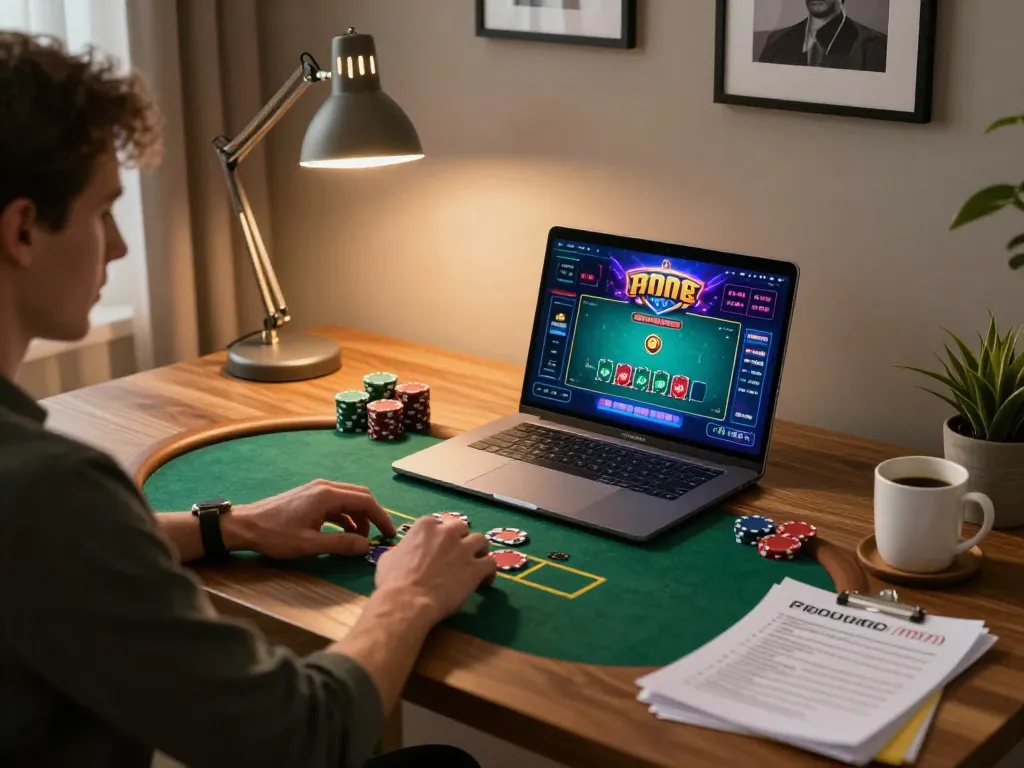 Person enjoying a strategic poker game on 23WIN with a laptop in a cozy home office.