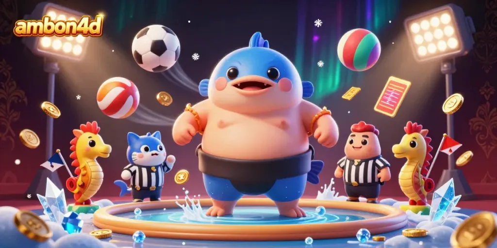 Place bets and win big with ambon4d in this vibrant, animated underwater casino scene.
