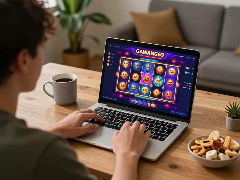 Engaging in GAWANG69 daftar online gaming session at home, surrounded by snacks and vibrant casino app.