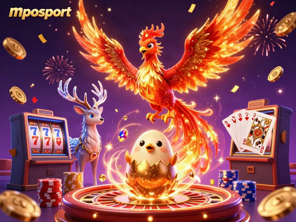 Menggoda permainan di mposport dengan phoenix berapi, koin emas, dan kartu permainan