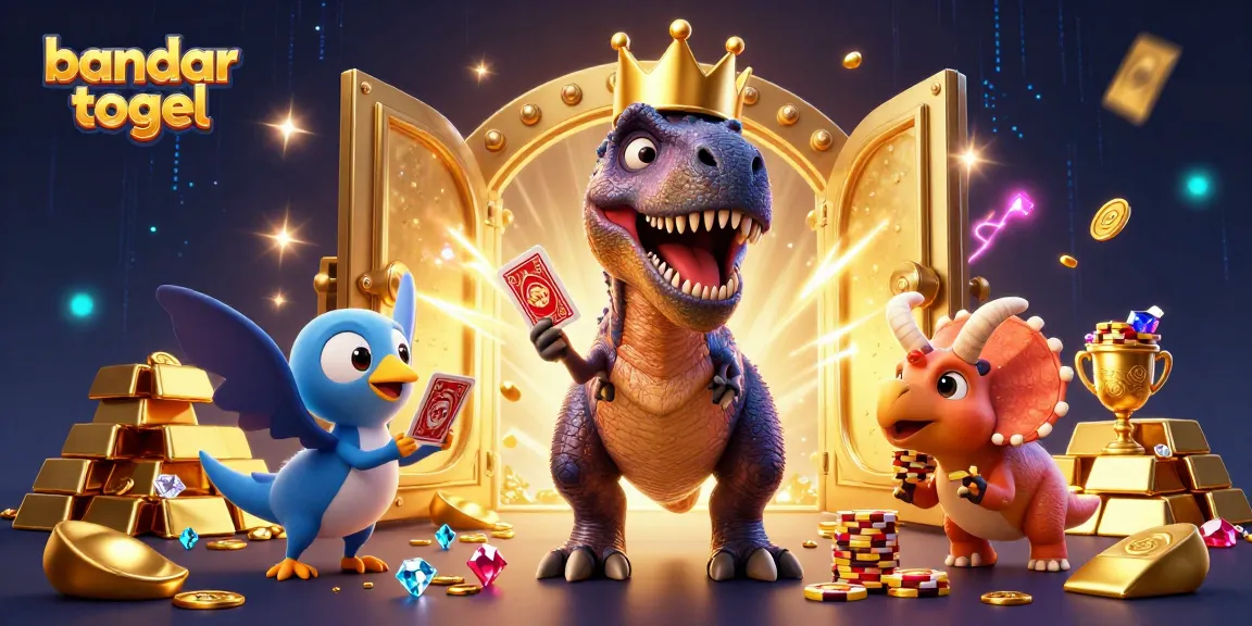 Bermain bandar togel dengan karakter ceria seperti T-Rex, pterodactyl, dan triceratops dalam suasana kasino penuh harta.