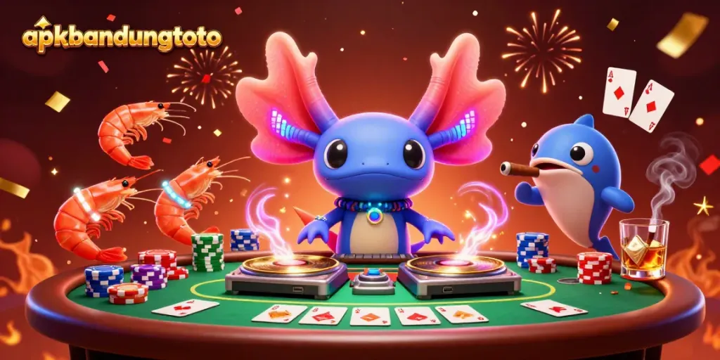 Engage with apkbandungtoto's thrilling casino scene featuring a 3D axolotl DJ and vibrant gambling elements.
