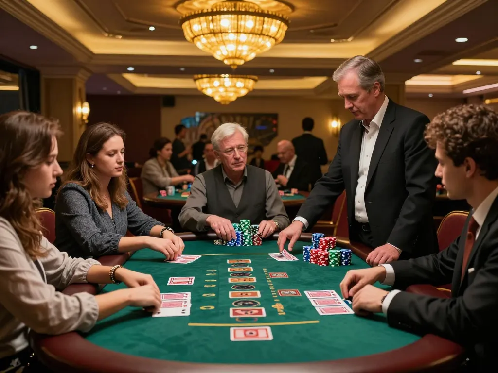 Engaged players at a blackjack table in qqmobil casino, surrounded by vibrant atmosphere and dealer action.