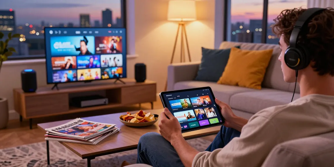 Experience digital entertainment on https://rokok88.co with cozy modern setting, gadgets, and streaming interface.