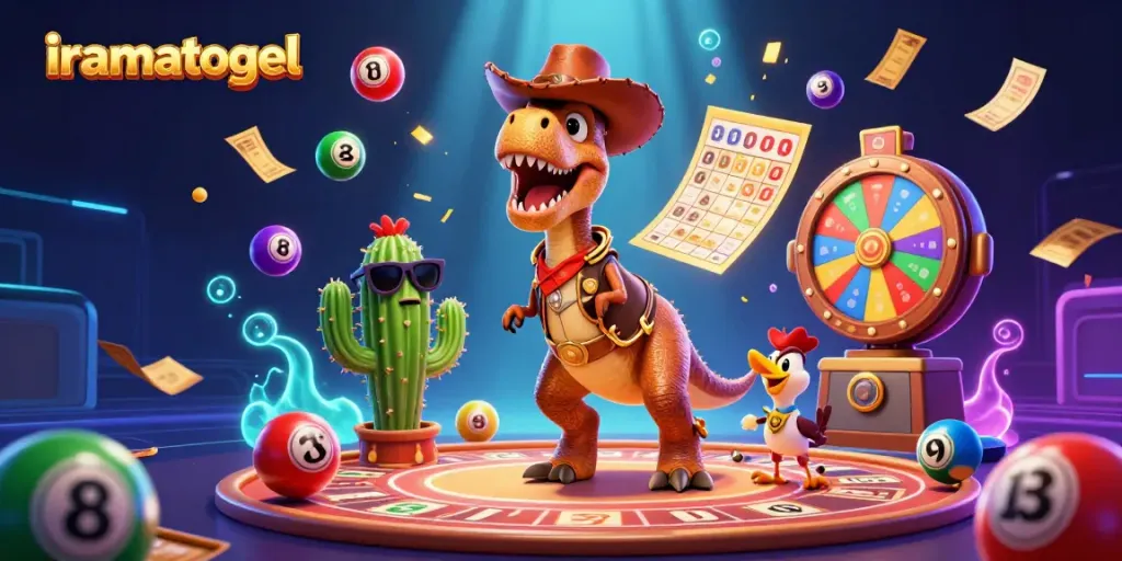 Iramatogel showcases a vibrant lottery scene featuring a cowboy dinosaur and playful characters surrounded by colorful lottery elements.