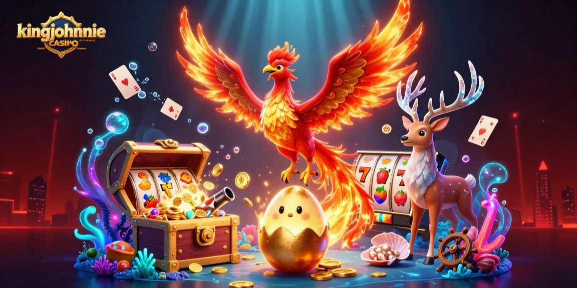 Engage with kingjohnnie casino real money casino, featuring vibrant phoenixes, treasure, and slot elements in a 3D scene.