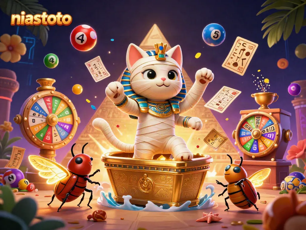 Experience niastoto's exciting gaming action with a cartoon Egyptian mummy cat and golden sarcophagus.