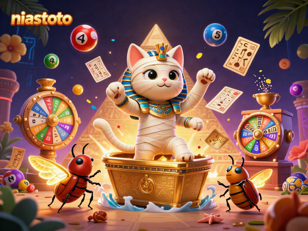 Experience niastoto's exciting gaming action with a cartoon Egyptian mummy cat and golden sarcophagus.