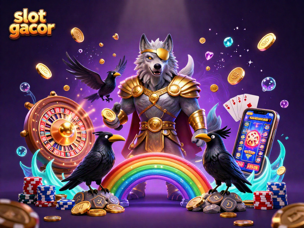 Experience the thrill of slot gacor action with an illustration depicting Odin and ravens amidst casino elements.