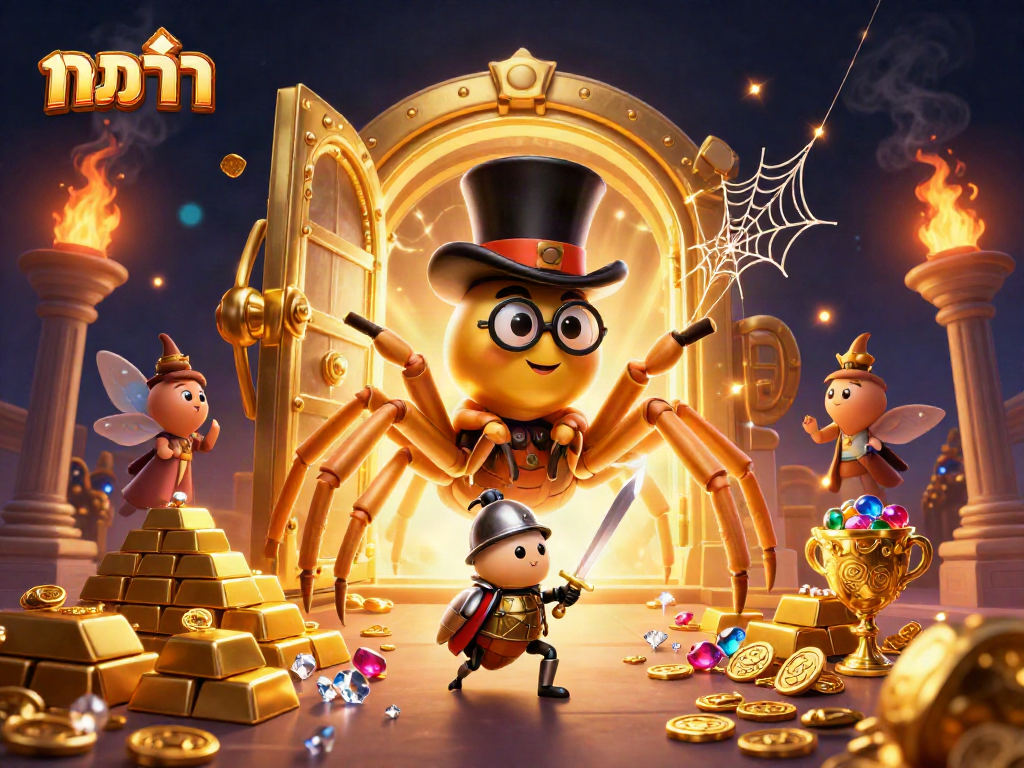Play บาคาร่า at the dynamic casino with a golden tarantula and beetle knight surrounded by treasures.