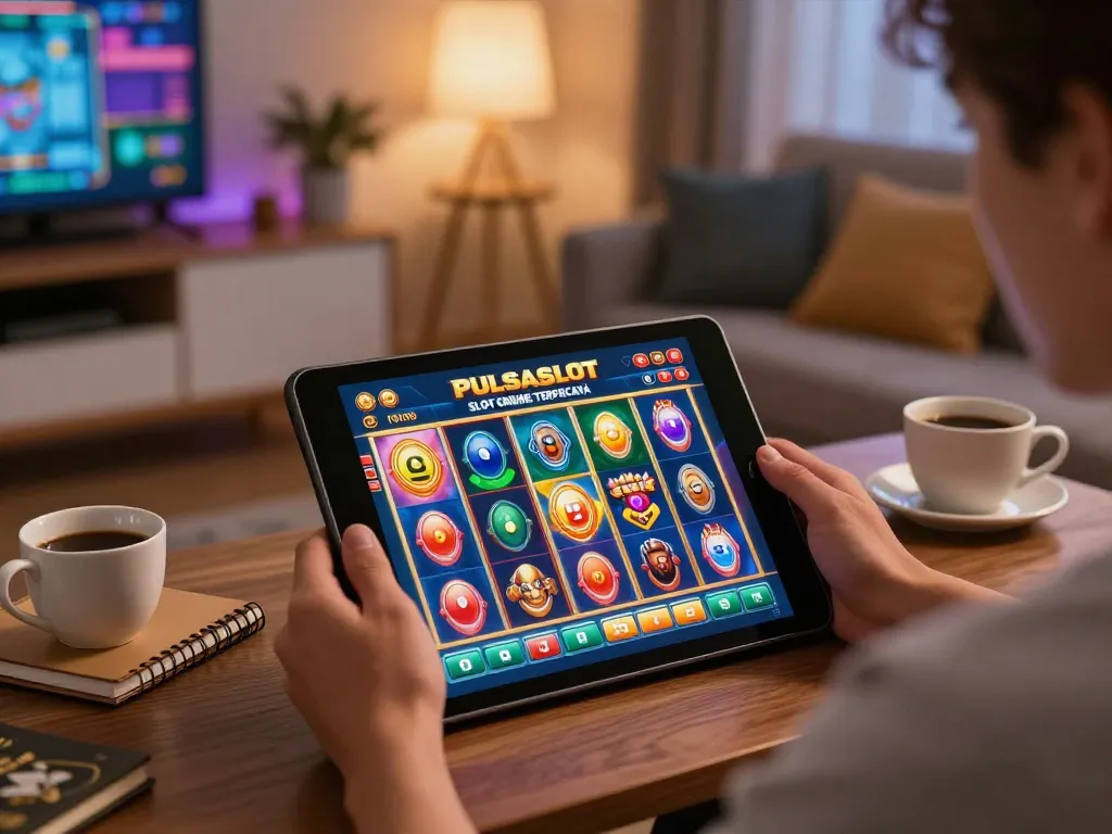 PULSASLOT SLOT ONLINE TERPERCAYA gameplay on tablet in a cozy home setting, showcasing strategic gaming.