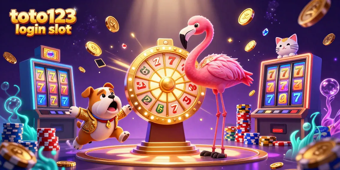 Toto123 login slot showcases a lively scene with a flamingo host, bulldog contestant, and cat assistant surrounded by slot machine reels and colorful chips