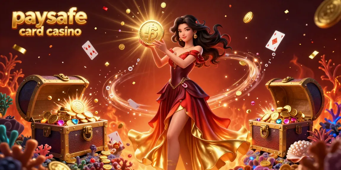 Eine energetische Szene aus einem Paysafe Card Casino, die eine schöne asiatische Frau mit einer riesigen Münze zeigt, umgeben von Goldmünzen und Spielelementen.