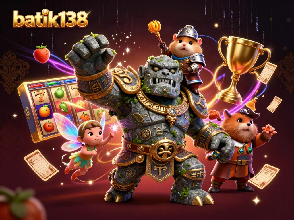 Gamer berinteraksi dengan slot batik138 dan simbol keberuntungan yang mengelilinginya.