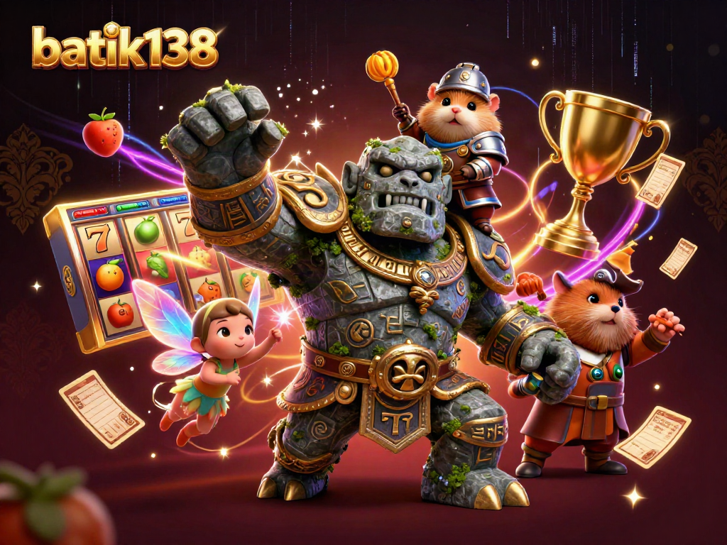 Gamer berinteraksi dengan slot batik138 dan simbol keberuntungan yang mengelilinginya.