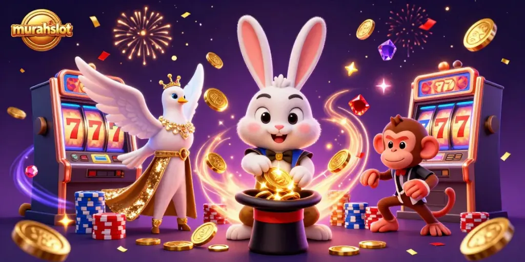 Mainkan slot di murahslot dengan karakter kartun, koin emas, dan chip poker yang mengasyikkan.