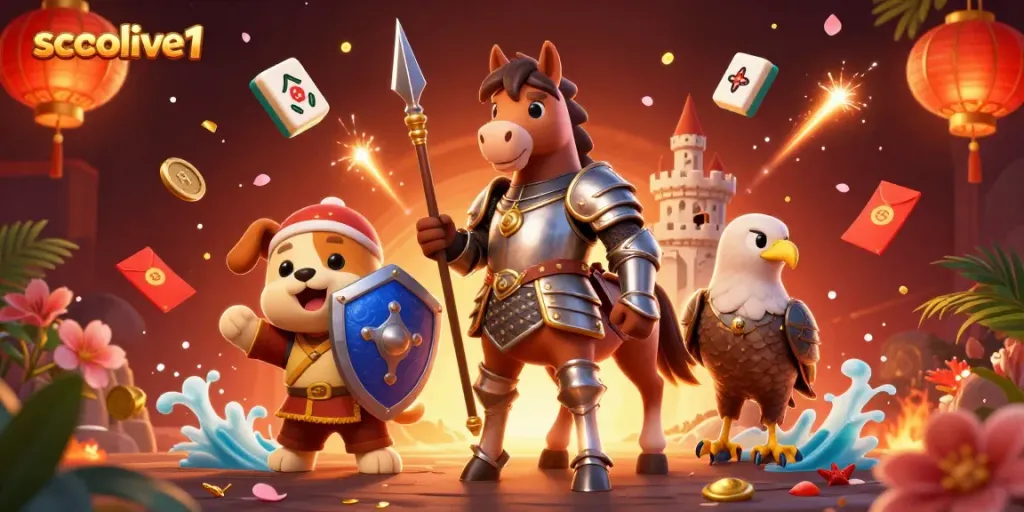 Socolive1 showcases a lively 3D illustration of a knight, squire, and falcon engaging in vibrant game-themed activities.