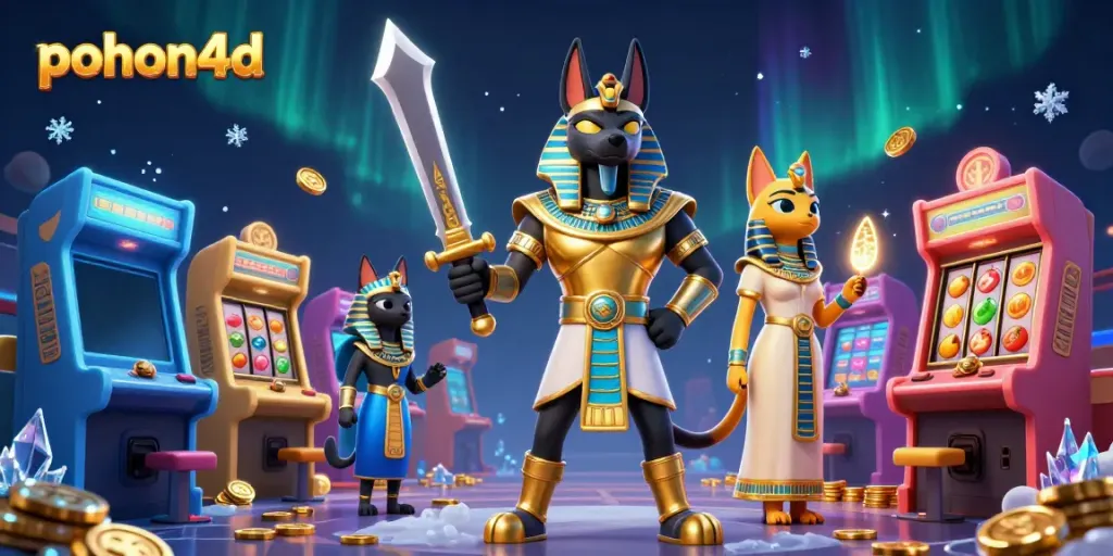 Pohon4d unleashes excitement with a vibrant scene of Anubis and Bastet amidst dynamic casino elements.