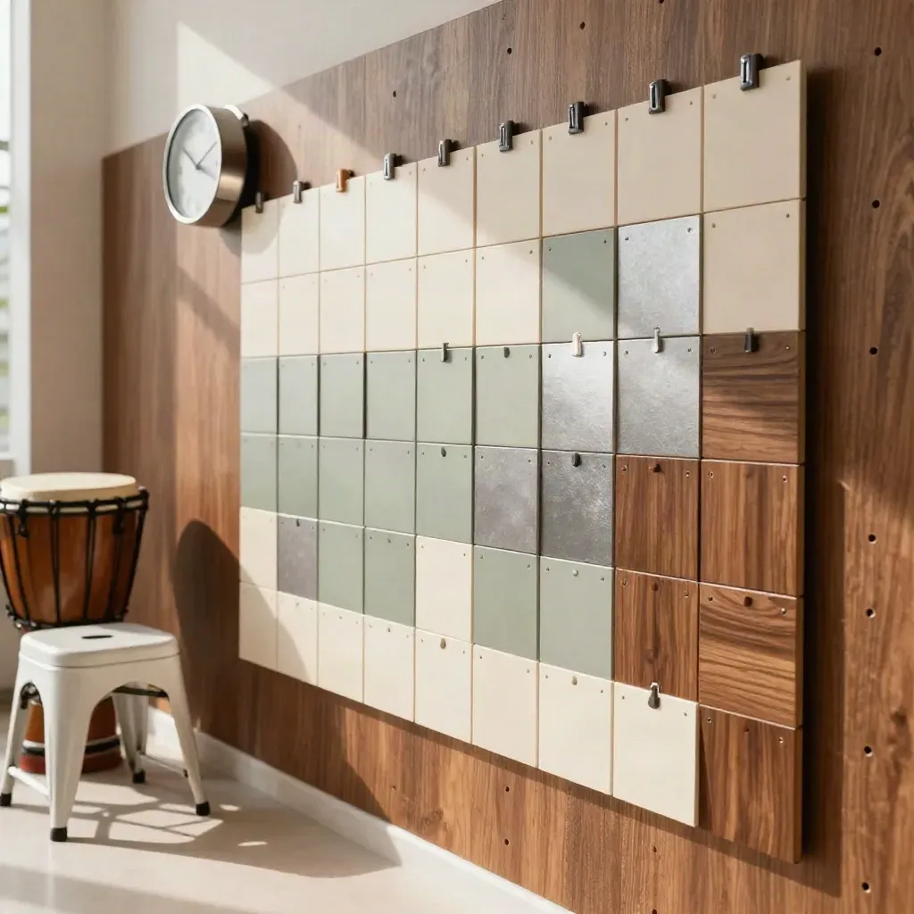 Panel kalender kegiatan desa dengan tile warna, drum kecil, kursi lipat, dan jam meja.