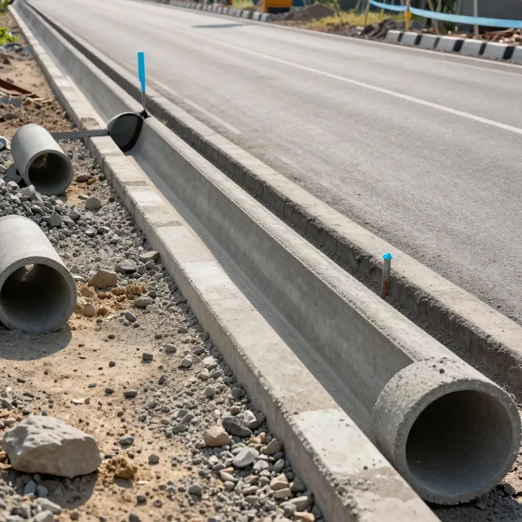 Saluran drainase baru di tepi jalan dengan pipa beton, kerikil, dan patok survei.