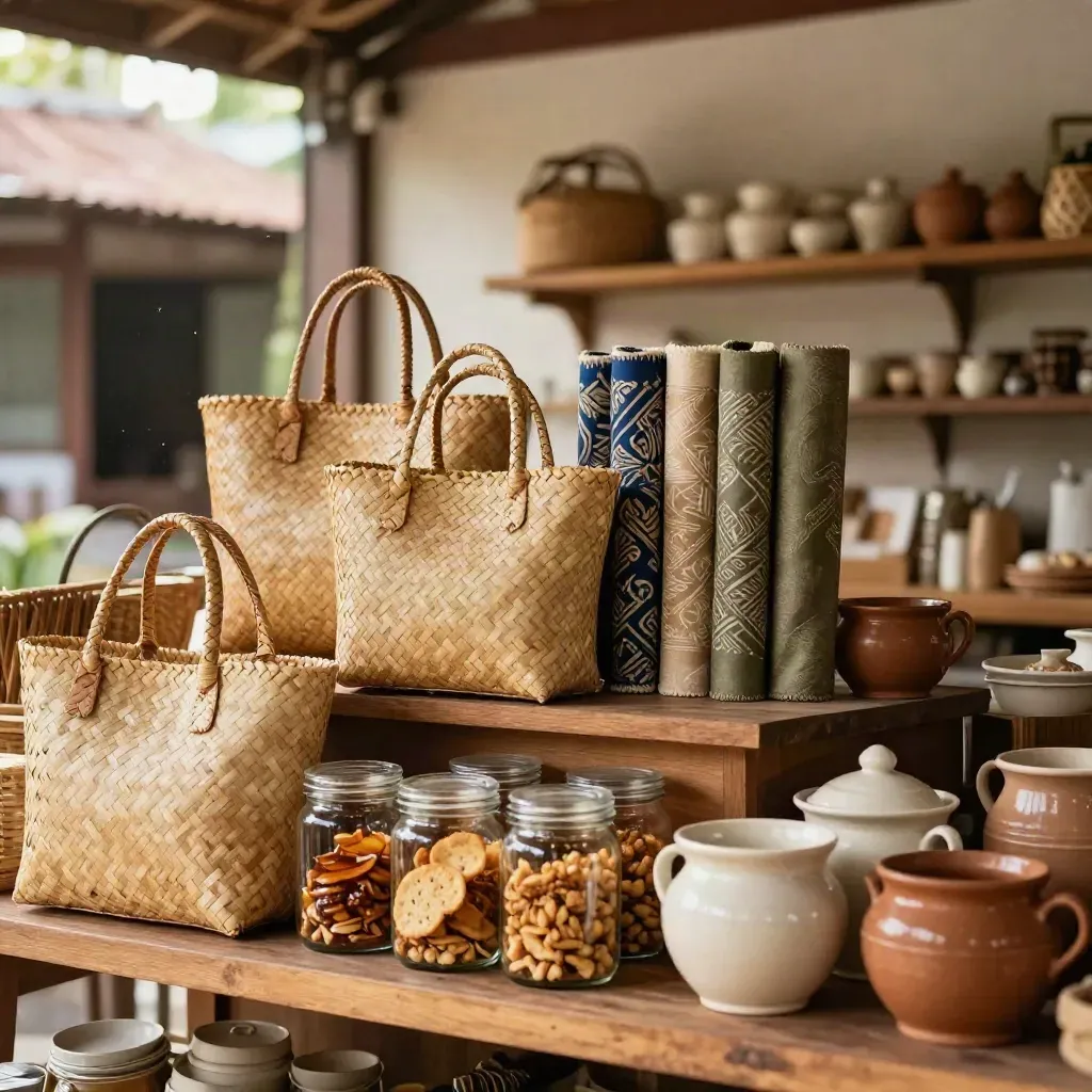 Rak UMKM desa dengan tas anyaman, kain batik, toples camilan, dan keramik handmade.